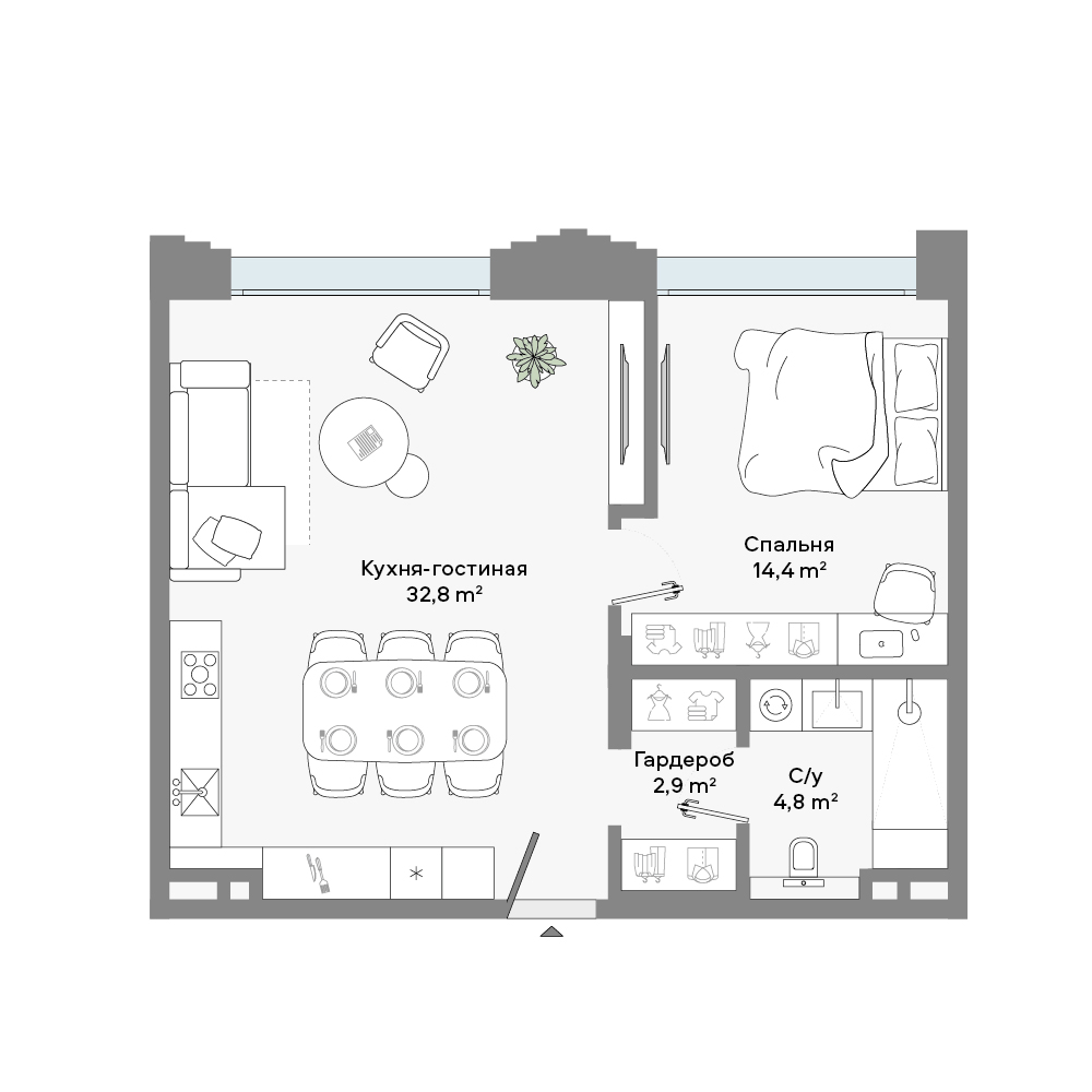 1 комн. квартира, 55 м², 7 этаж 