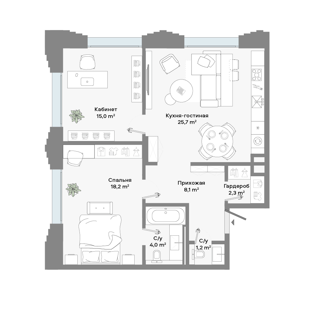 2 комн. квартира, 75 м², 7 этаж 