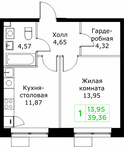 1 комн. квартира, 39.4 м², 13 этаж 