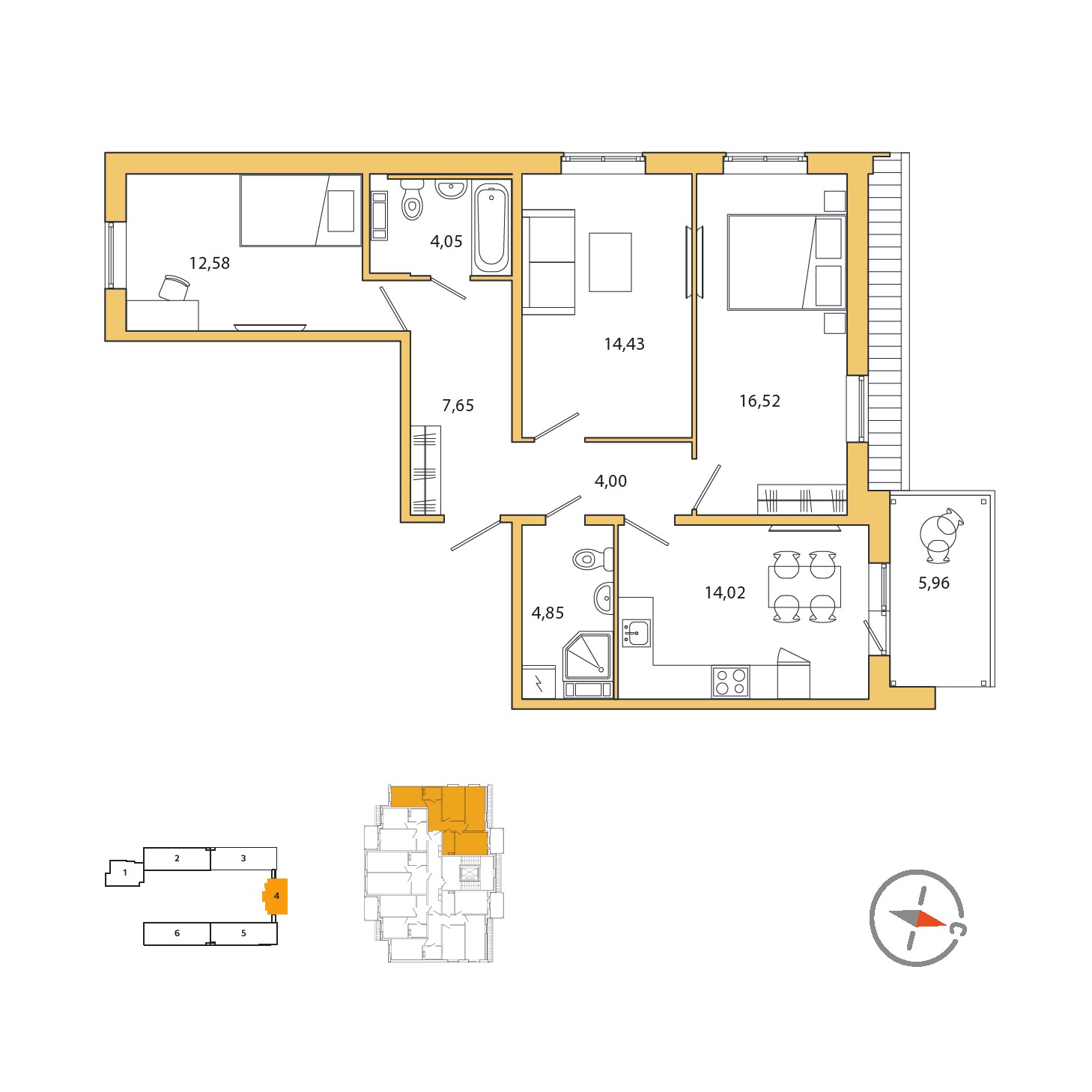 3 комн. квартира, 78.7 м², 5 этаж 