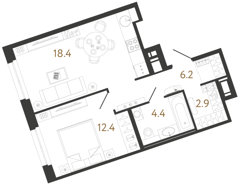 1 комн. квартира, 44.3 м², 6 этаж 
