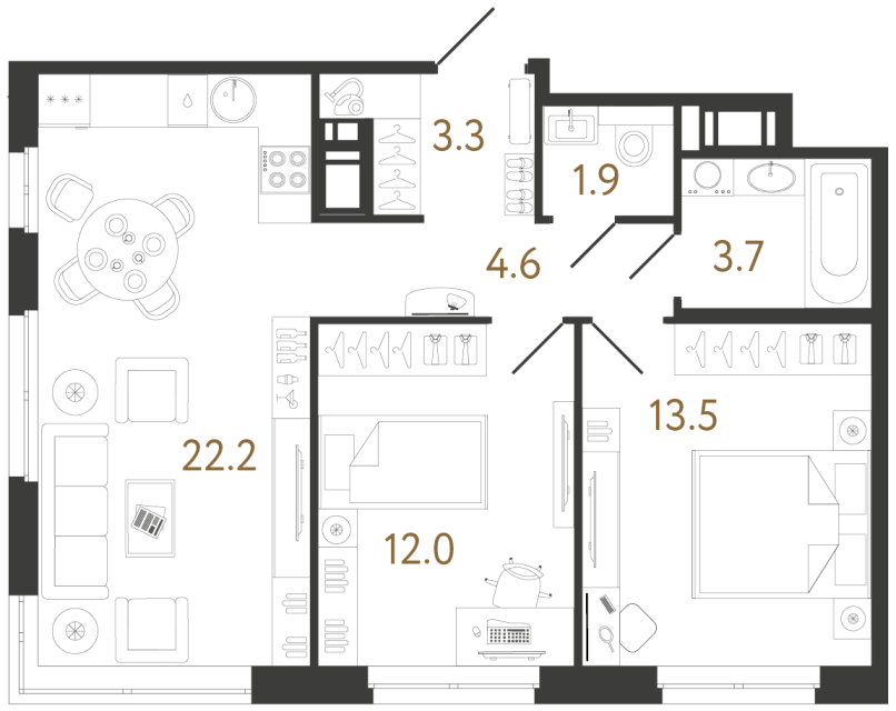 2 комн. квартира, 61.2 м², 10 этаж 