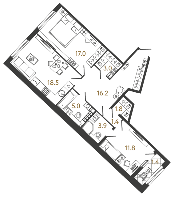 2 комн. квартира, 78.6 м², 5 этаж 