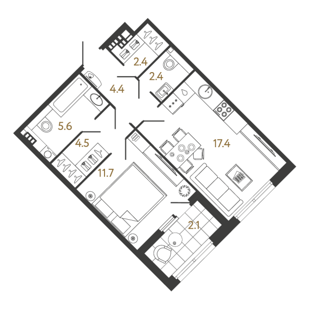 1 комн. квартира, 48.4 м², 4 этаж 