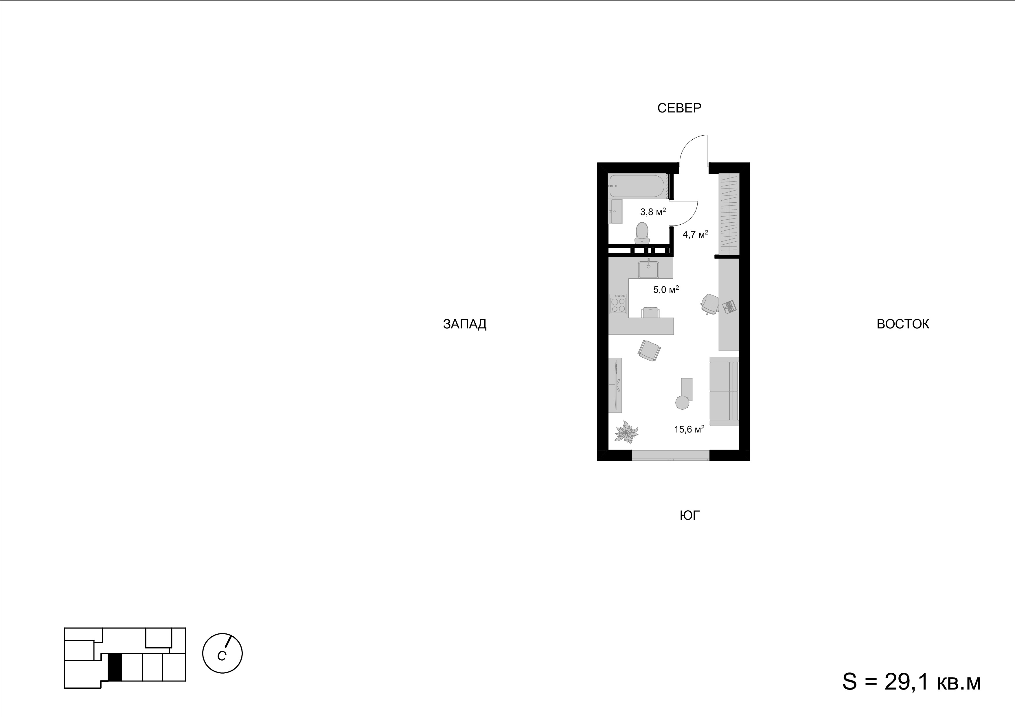 1 комн. квартира, 29.1 м², 7 этаж 