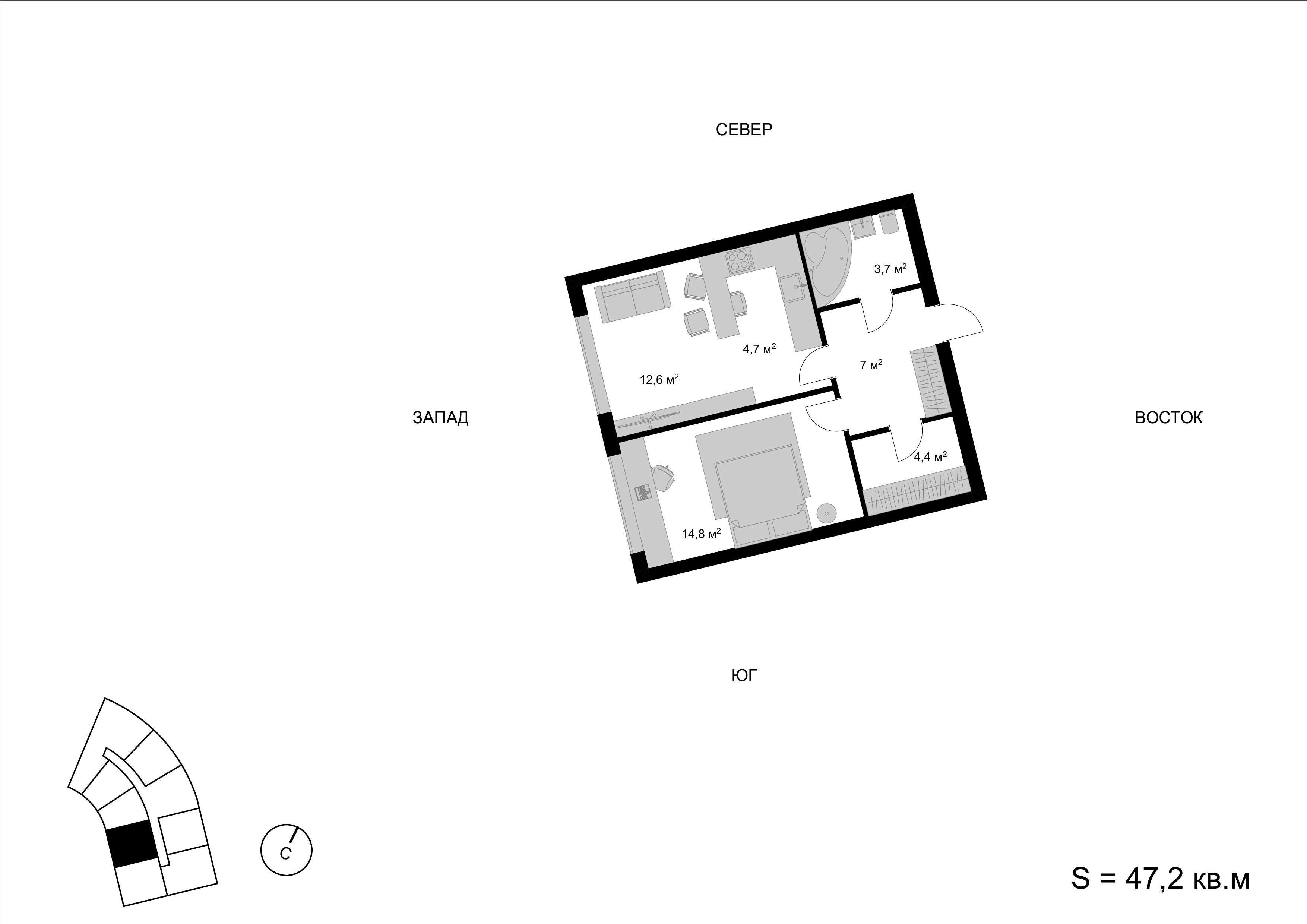 2 комн. квартира, 47.2 м², 9 этаж 