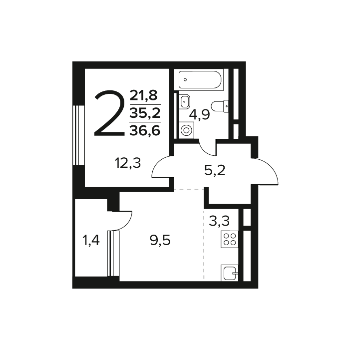 2 комн. квартира, 36.6 м², 2 этаж 