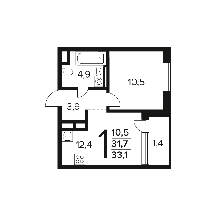 1 комн. квартира, 33.1 м², 2 этаж 