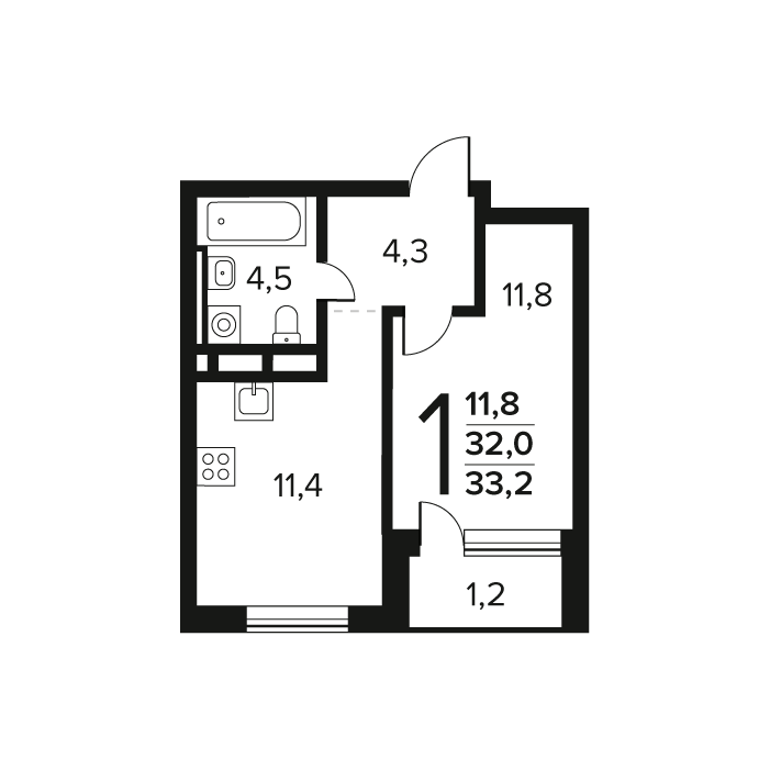 1 комн. квартира, 33.2 м², 2 этаж 