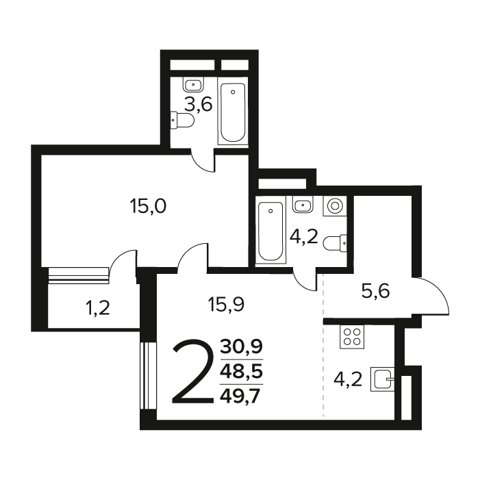 2 комн. квартира, 49.7 м², 2 этаж 