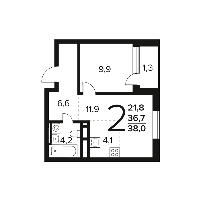 2 комн. квартира, 38 м², 2 этаж 