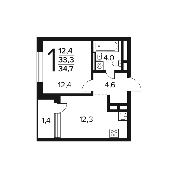 1 комн. квартира, 34.7 м², 2 этаж 