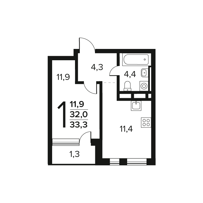 1 комн. квартира, 33.3 м², 2 этаж 