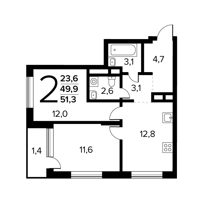 2 комн. квартира, 51.3 м², 2 этаж 
