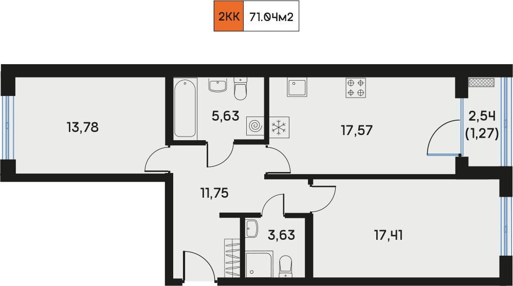 2 комн. квартира, 70.9 м², 2 этаж  (из 9)