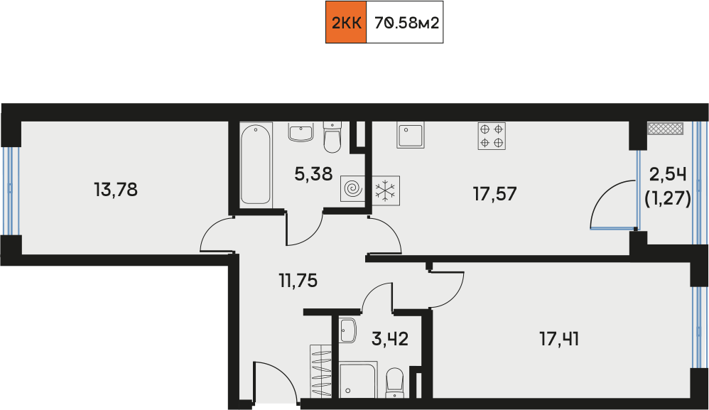 2 комн. квартира, 70.5 м², 3 этаж  (из 9)