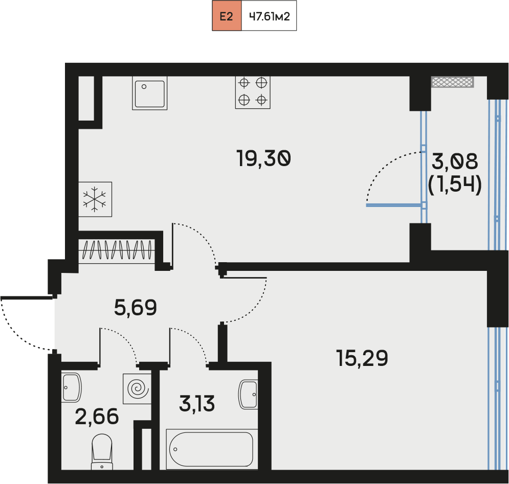 1 комн. квартира, 47.7 м², 3 этаж  (из 9)