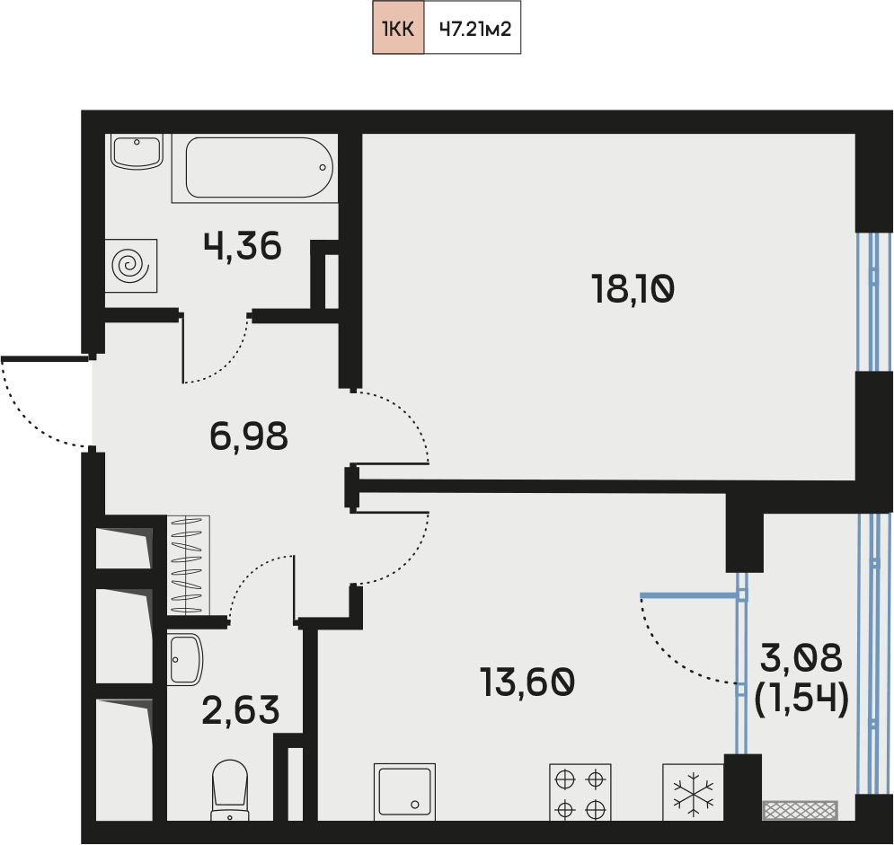 1 комн. квартира, 47.3 м², 5 этаж  (из 9)