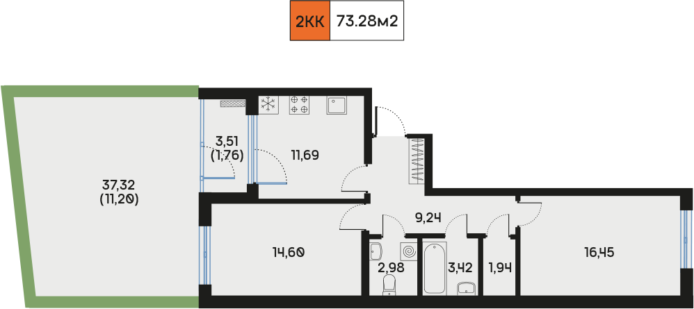 2 комн. квартира, 73.2 м², 2 этаж  (из 9)