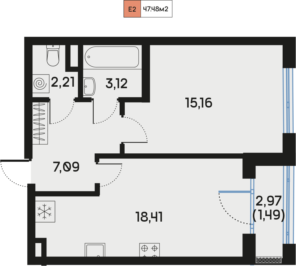 1 комн. квартира, 47.6 м², 4 этаж  (из 9)
