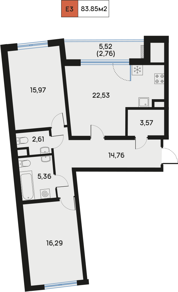 2 комн. квартира, 84 м², 4 этаж  (из 9)