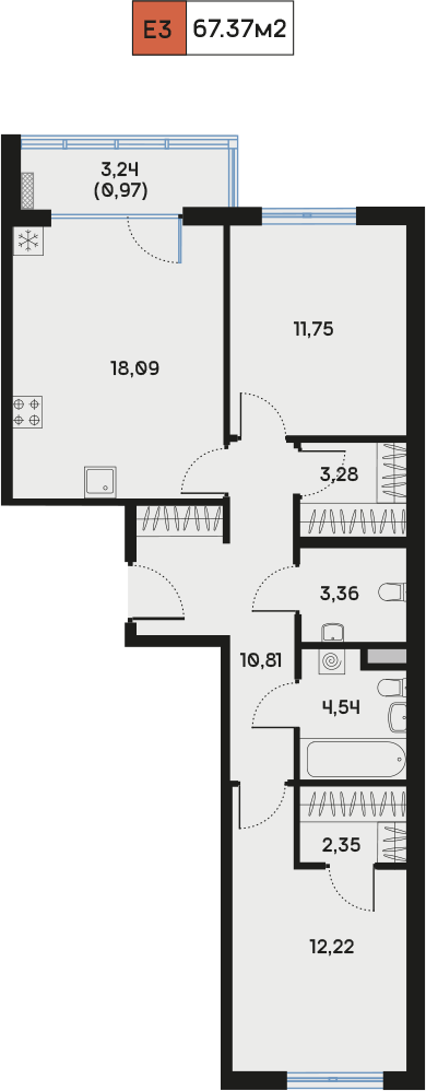 2 комн. квартира, 68 м², 3 этаж  (из 9)