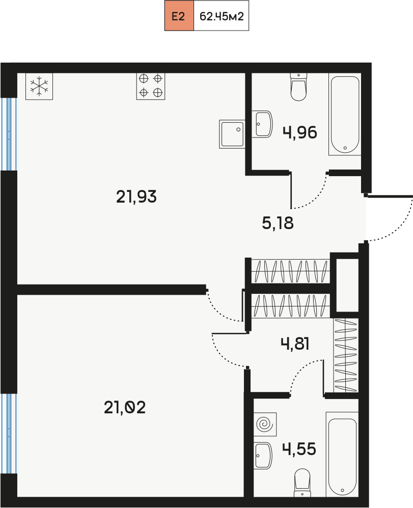 1 комн. квартира, 62.4 м², 1 этаж  (из 9)