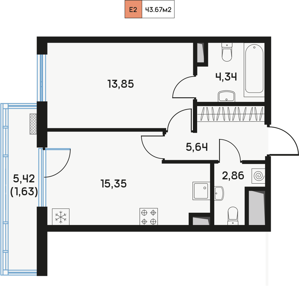 1 комн. квартира, 44.4 м², 8 этаж  (из 9)