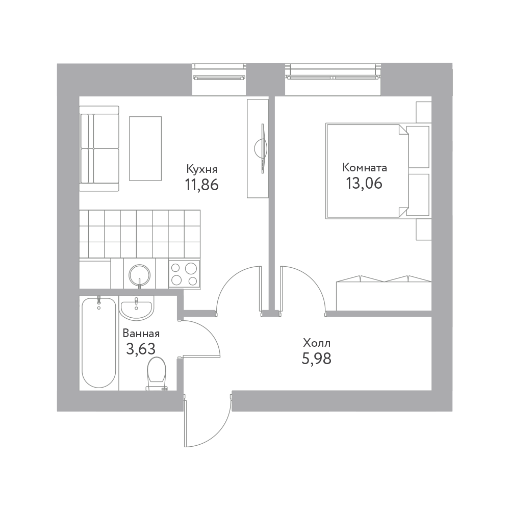 1 комн. квартира, 34.6 м², 1 этаж 