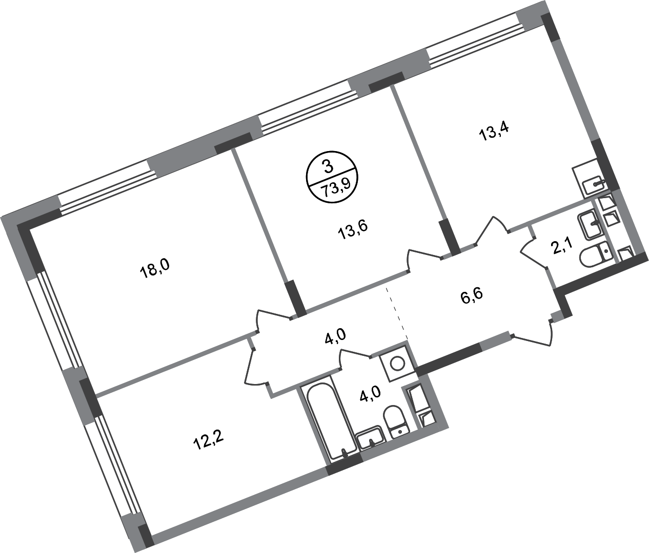 3 комн. квартира, 73.9 м², 4 этаж  (из 17)