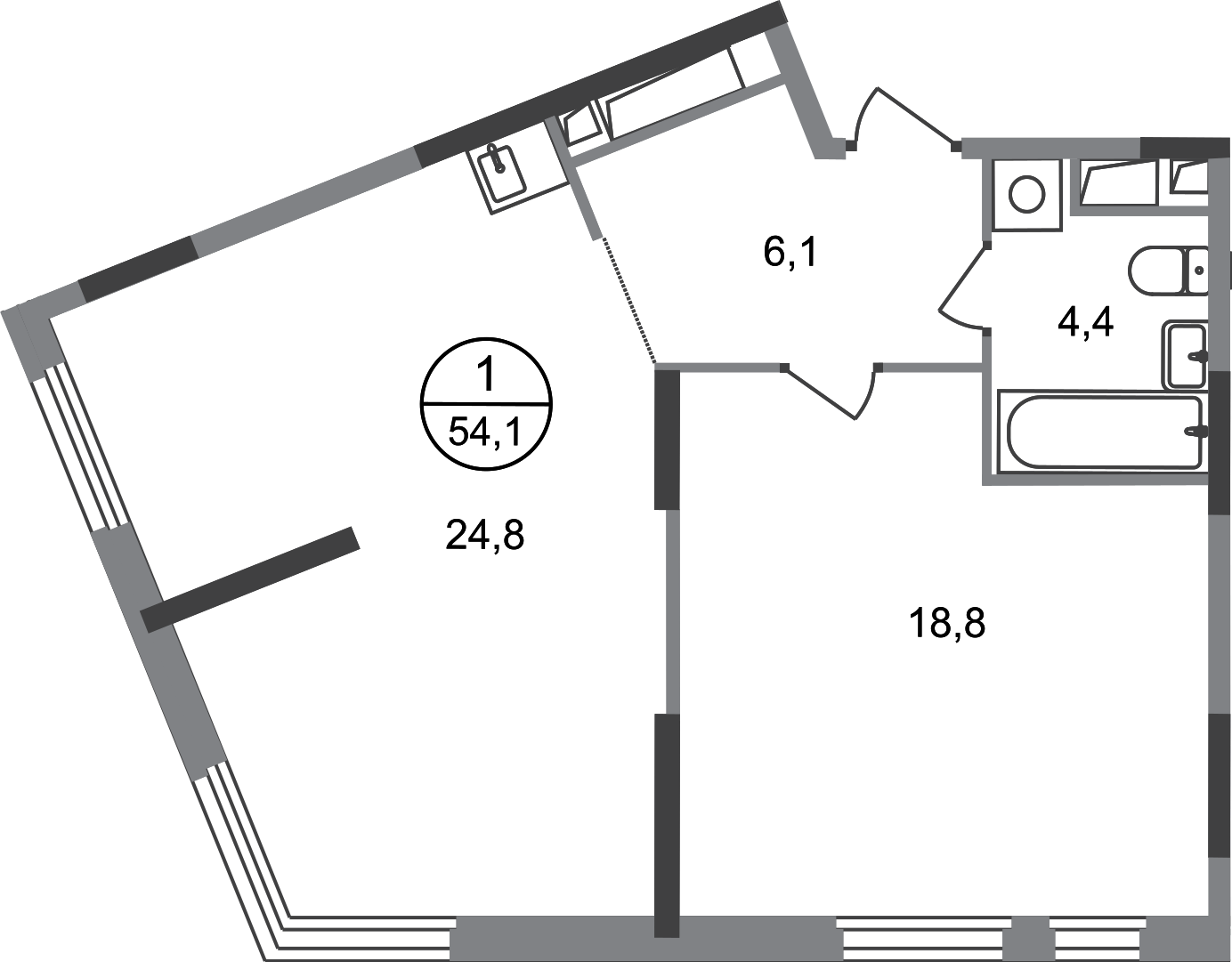 1 комн. квартира, 54.1 м², 13 этаж  (из 17)