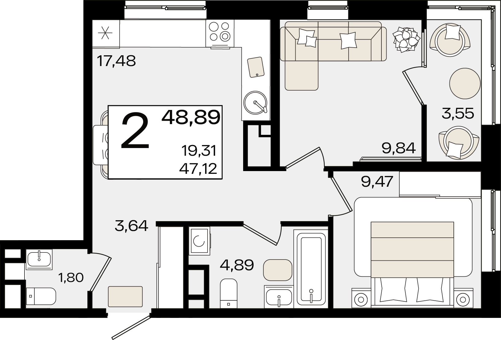 2 комн. квартира, 48.9 м², 2 этаж 