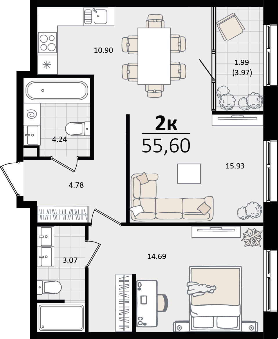 2 комн. квартира, 55.6 м², 15 этаж 