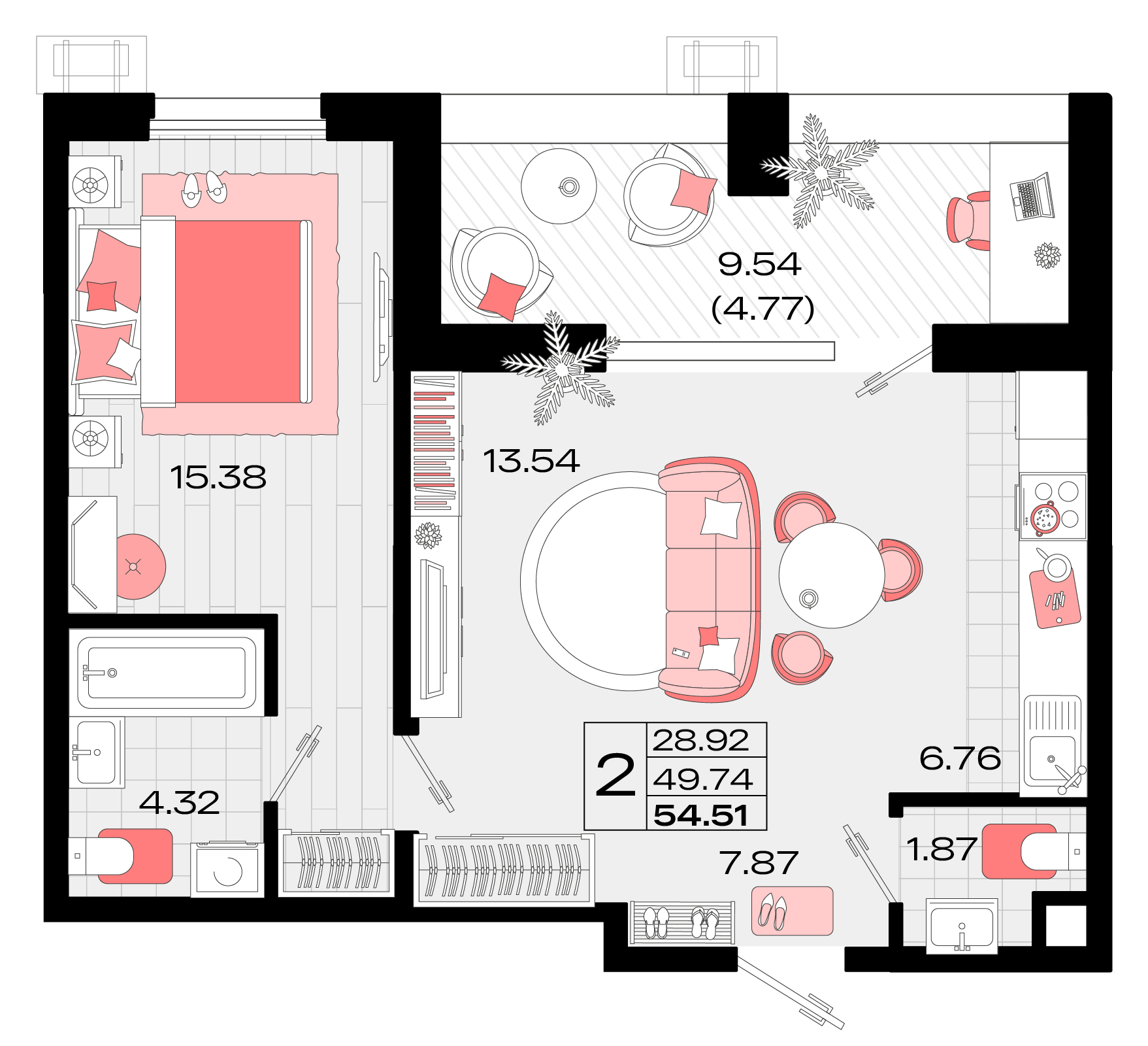 2 комн. квартира, 54.5 м², 14 этаж 