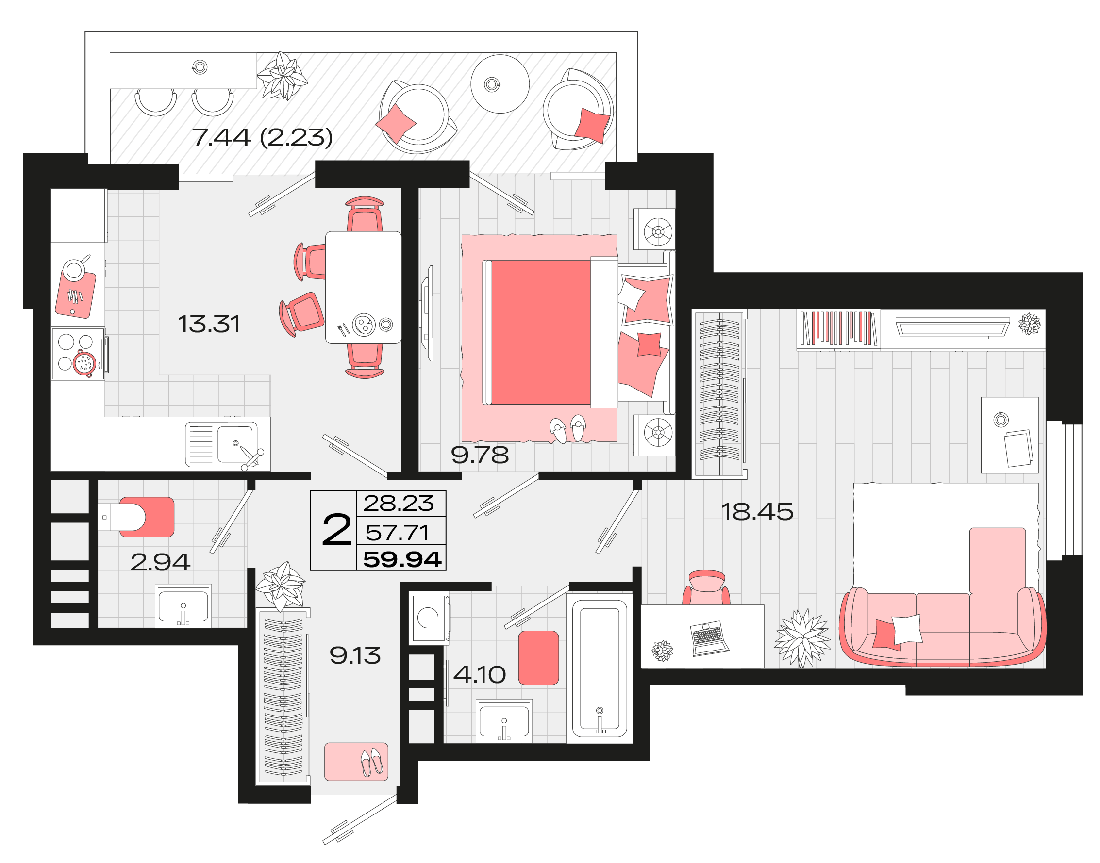 2 комн. квартира, 59.9 м², 2 этаж 