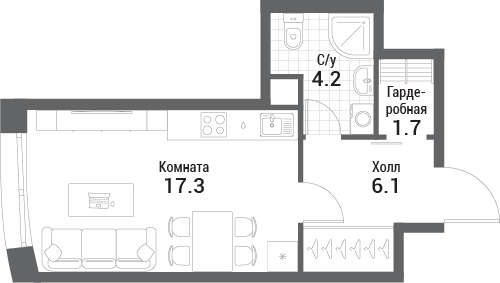 студия, 29.3 м², 9 этаж 