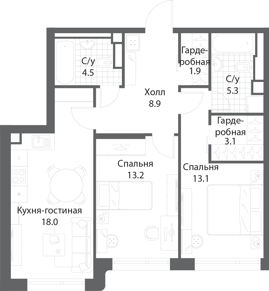 2 комн. квартира, 68.1 м², 29 этаж 