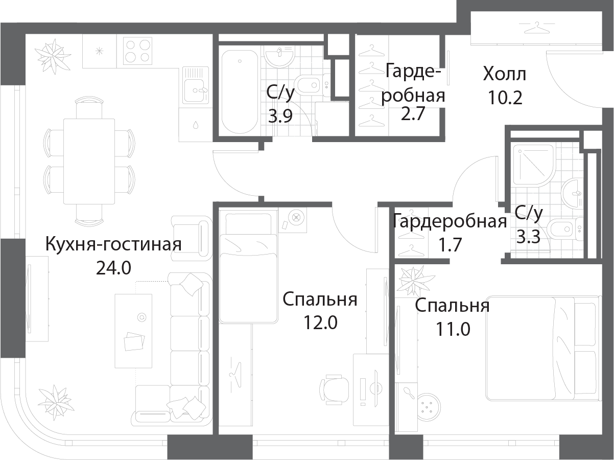 2 комн. квартира, 68.6 м², 34 этаж 
