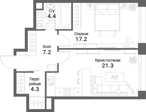 1 комн. квартира, 54.4 м², 11 этаж 
