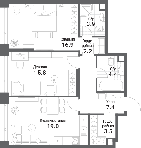 2 комн. квартира, 73.1 м², 21 этаж 