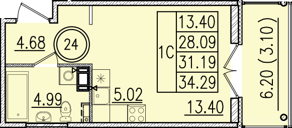1 комн. квартира, 28.1 м², 4 этаж 
