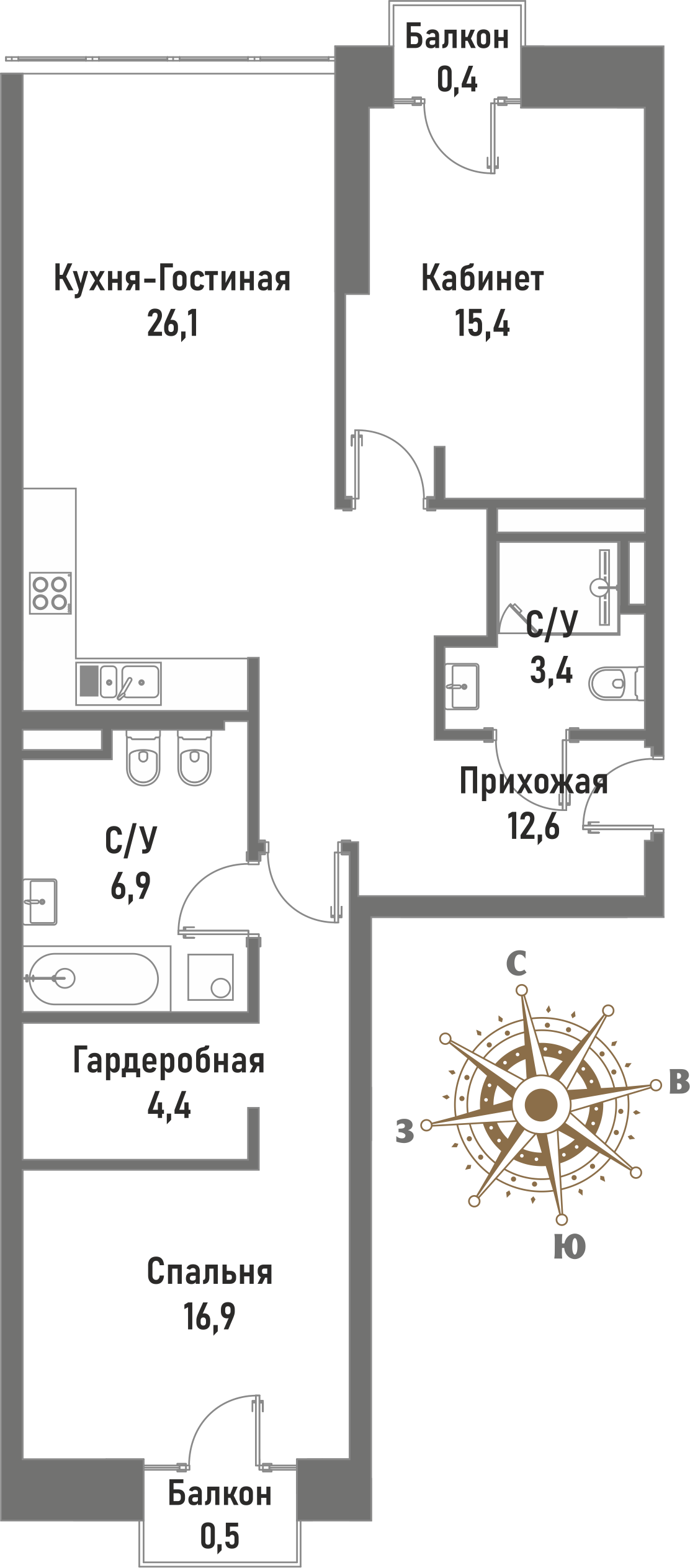 3 комн. квартира, 89.6 м², 2 этаж 