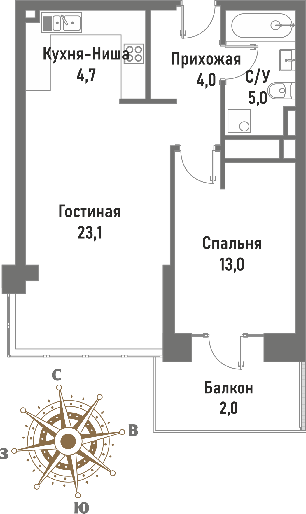 2 комн. квартира, 52.9 м², 3 этаж 