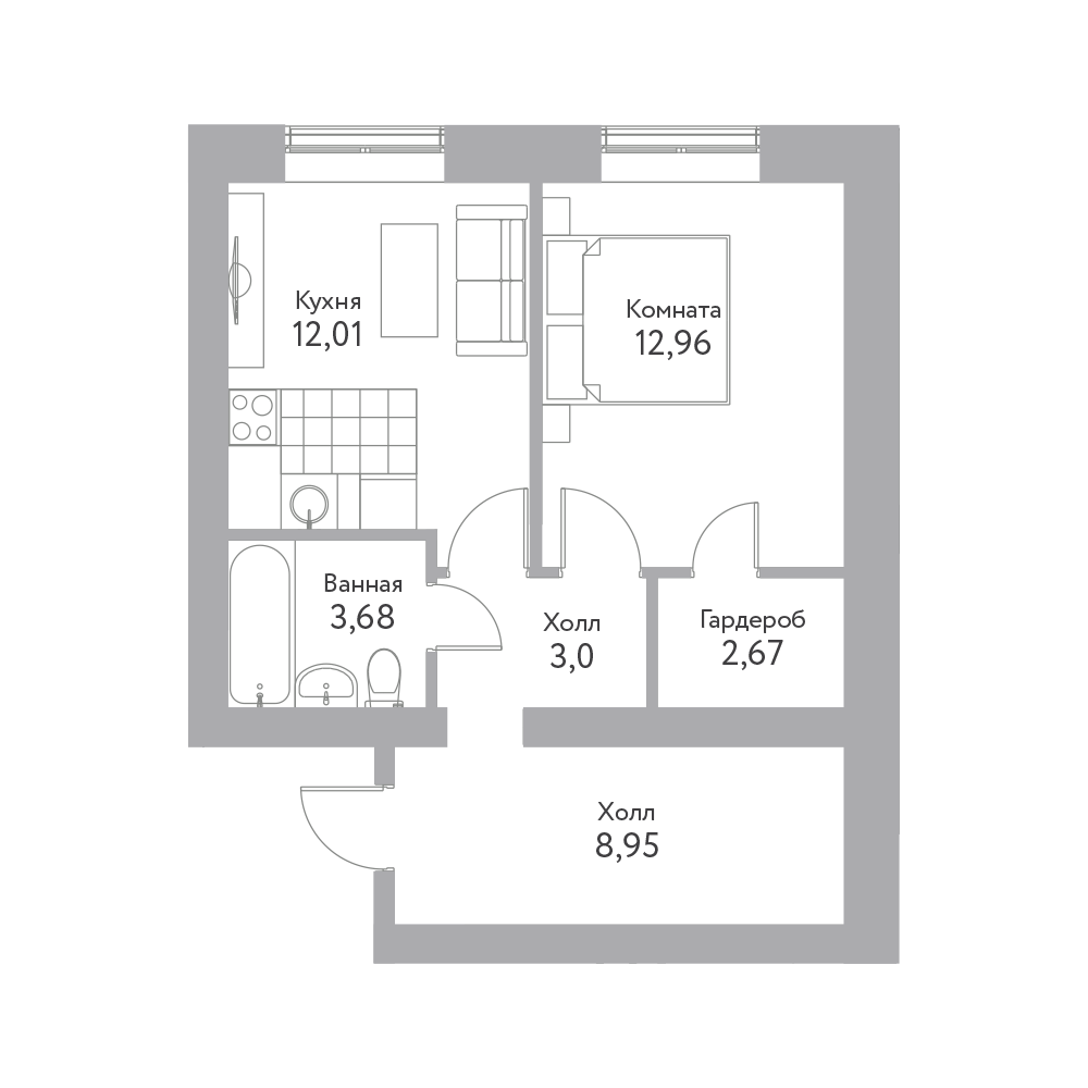 1 комн. квартира, 43.4 м², 1 этаж 