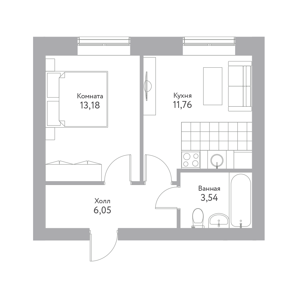 1 комн. квартира, 34.5 м², 4 этаж 