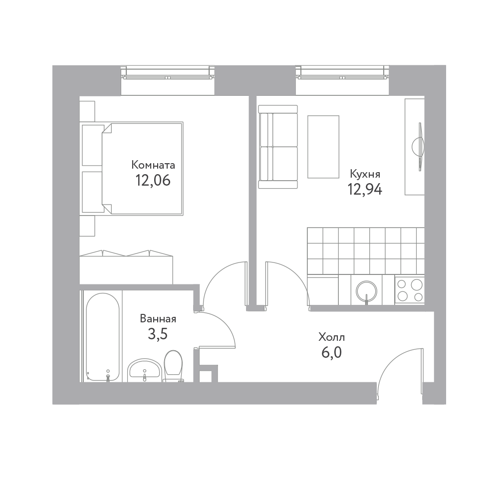 1 комн. квартира, 34.5 м², 4 этаж 