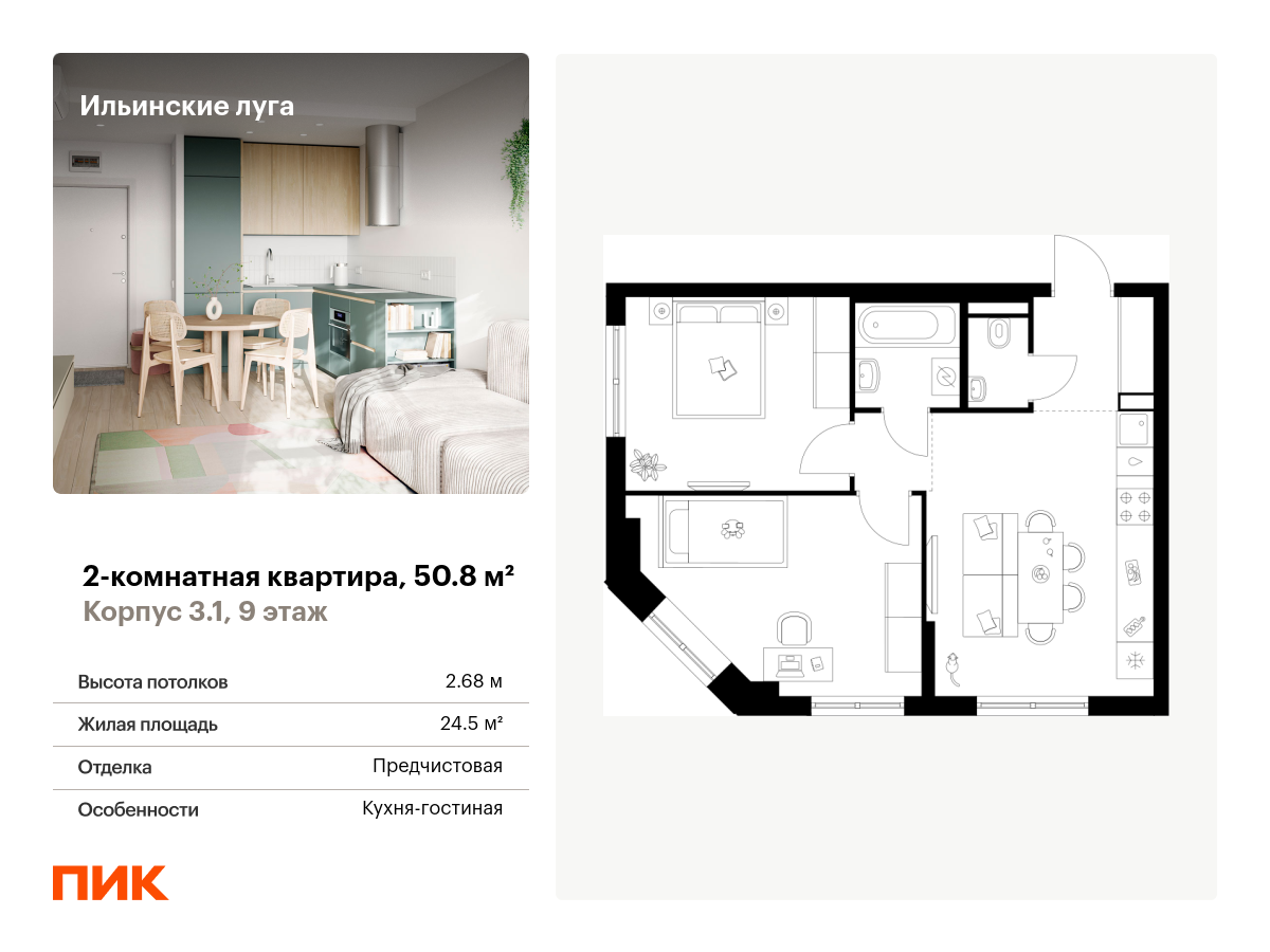 2 комн. квартира, 50.8 м², 9 этаж  (из 9)