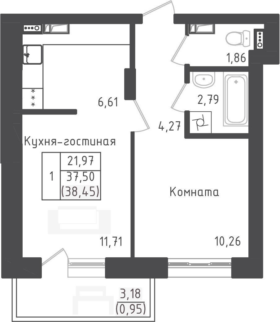1 комн. квартира, 38.5 м², 3 этаж 