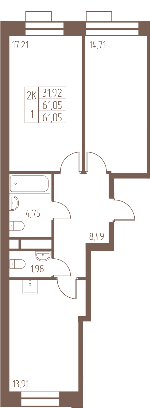 2 комн. квартира, 61 м², 15 этаж 
