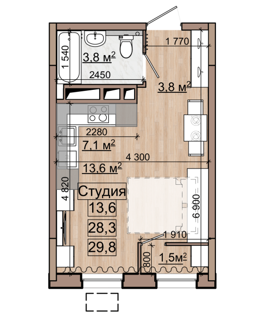 студия, 29.8 м², 6 этаж 